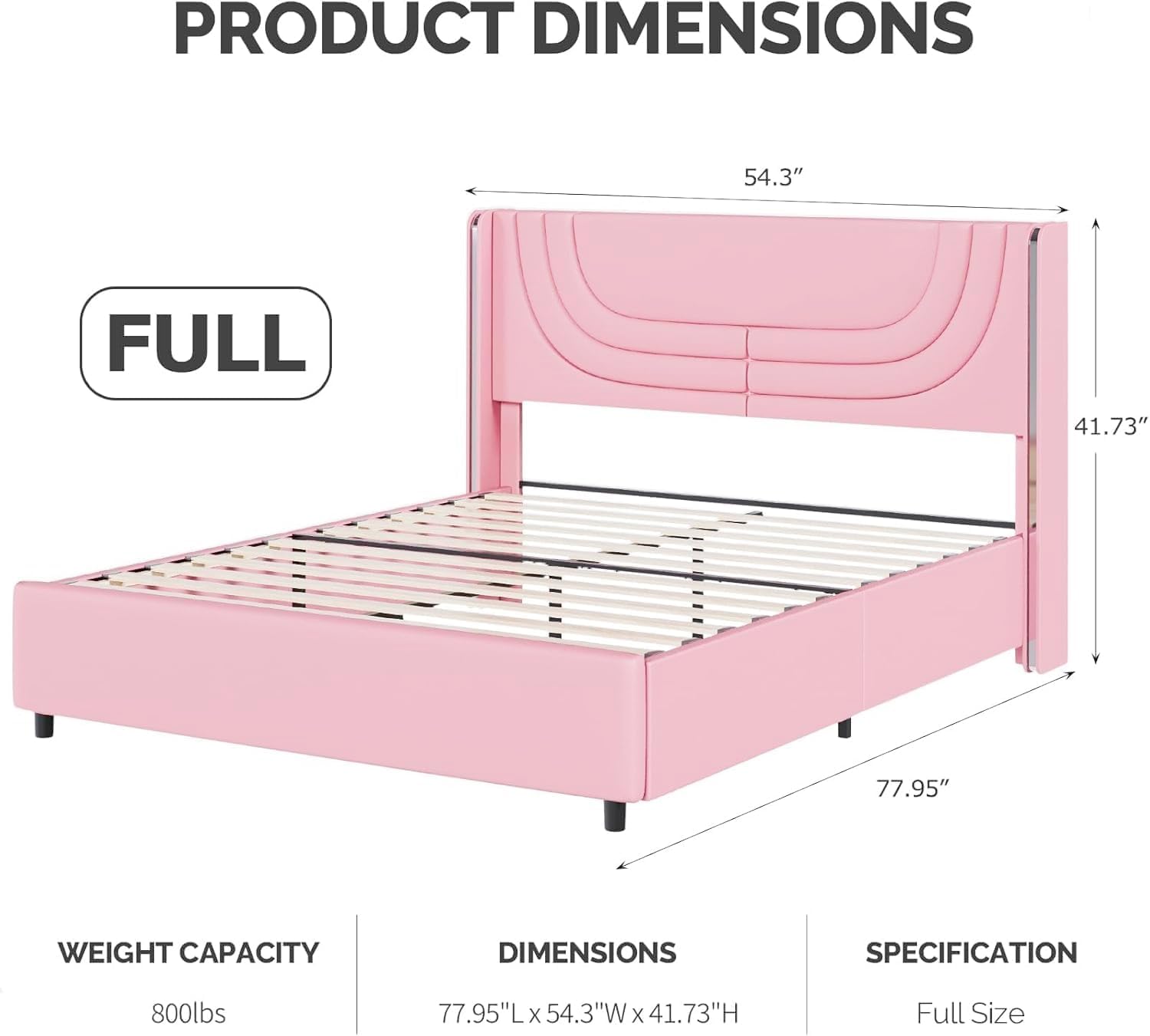 REVOMINCA Pink Full Size Bed Frame with LED Lights, Faux Leather Upholstered Platform with Silver Wingback Headboard, Modern Style, No Box Spring Needed, Easy Assembly