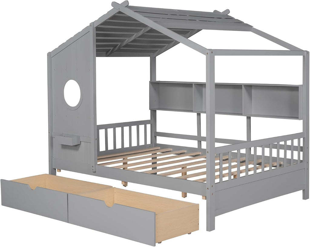 VilroCaz Full Size House Bed with 2 Drawers and Storage Shelf, Playhouse Design Solid Wood Kids Platform Bed Frame for Girls Boys, Decorable Daybed with Sturdy Slats Support, Space-Saving (AF-Gray)