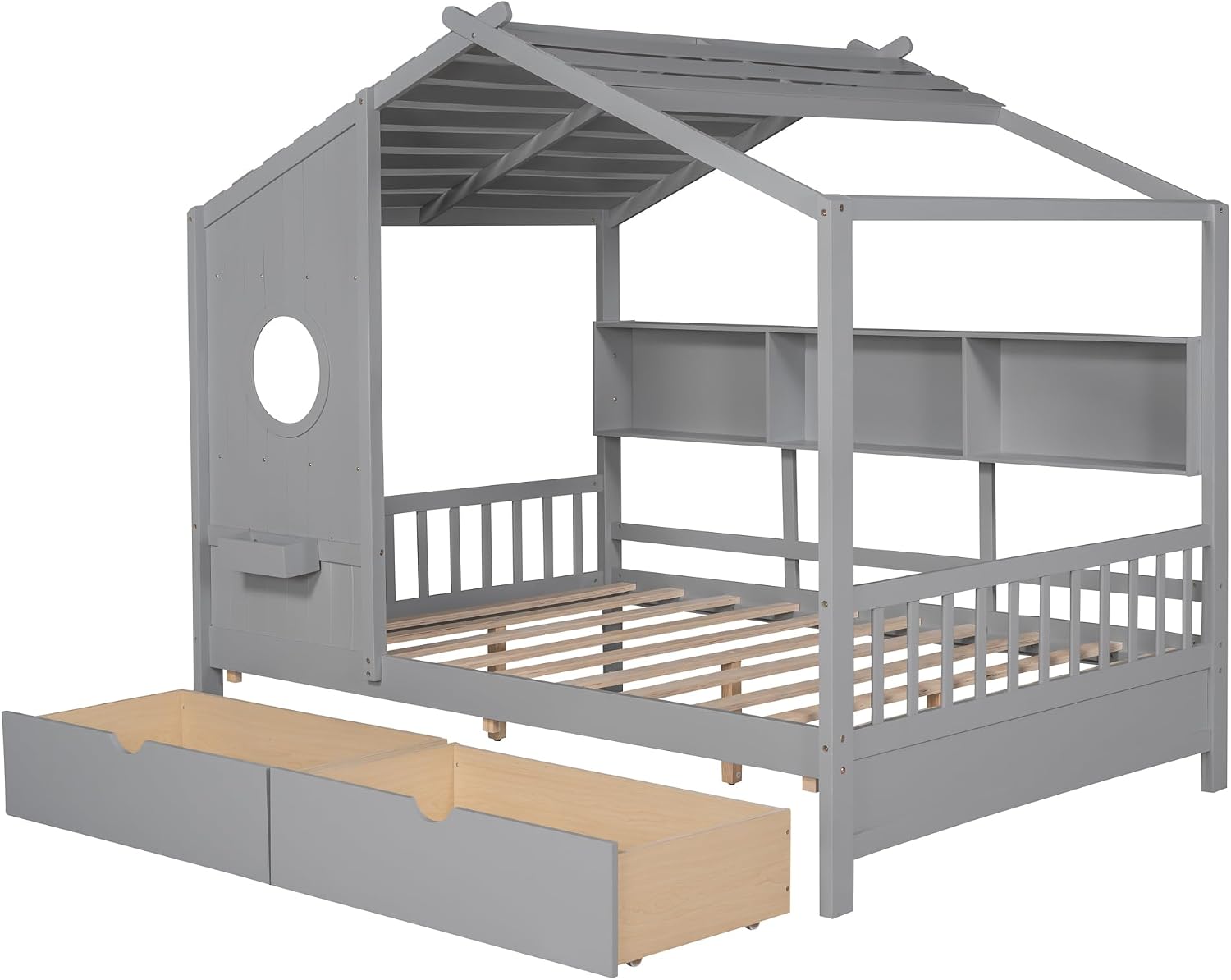 VilroCaz Full Size House Bed with 2 Drawers and Storage Shelf, Playhouse Design Solid Wood Kids Platform Bed Frame for Girls Boys, Decorable Daybed with Sturdy Slats Support, Space-Saving (AF-Gray)