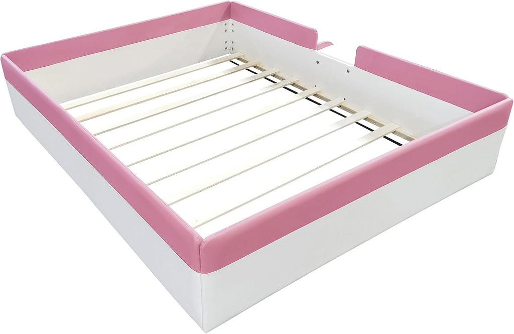 VilroCaz Full Size Upholstered Daybed Frame with Fence and Stairs, Montessori Kids Floor Bed with Sturdy Slat Support for Kids Boys Girls