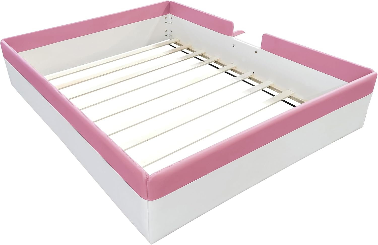 VilroCaz Full Size Upholstered Daybed Frame with Fence and Stairs, Montessori Kids Floor Bed with Sturdy Slat Support for Kids Boys Girls