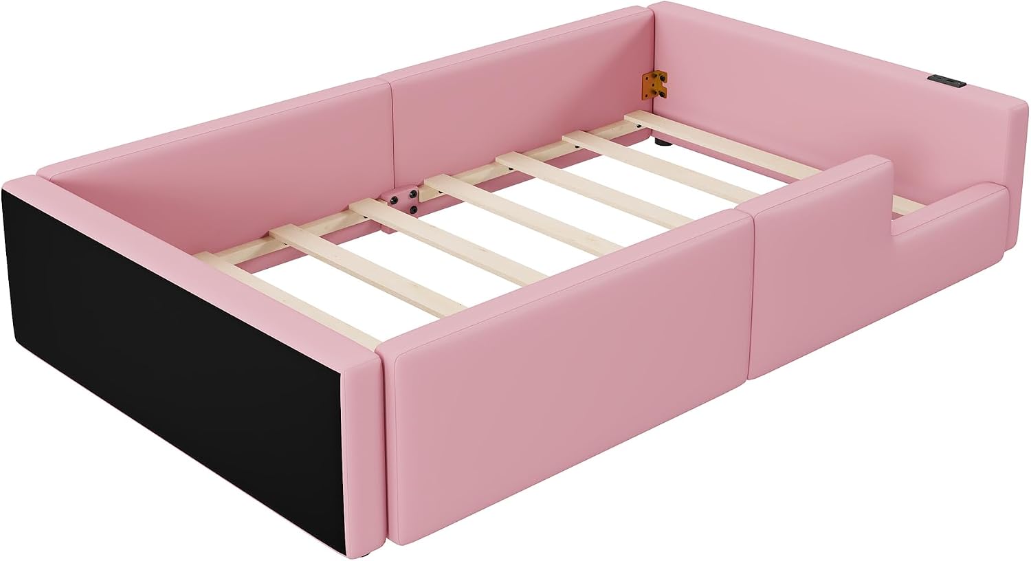 VilroCaz Twin Size Upholstered Platform Bed with Safety Guardrail, Montessori Kids Floor Bed, Child Grounded Bed with Charging Station and Sturdy Slats Support