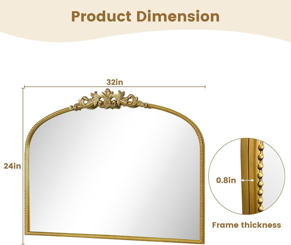 WallBeyond Gold Vintage Mirror for Vanity 32x24 Inch, Gold Antique Mirror with Ornate Frame, Arched Vintage Wall for Bathroom, Living Room, Fireplace, Entryway