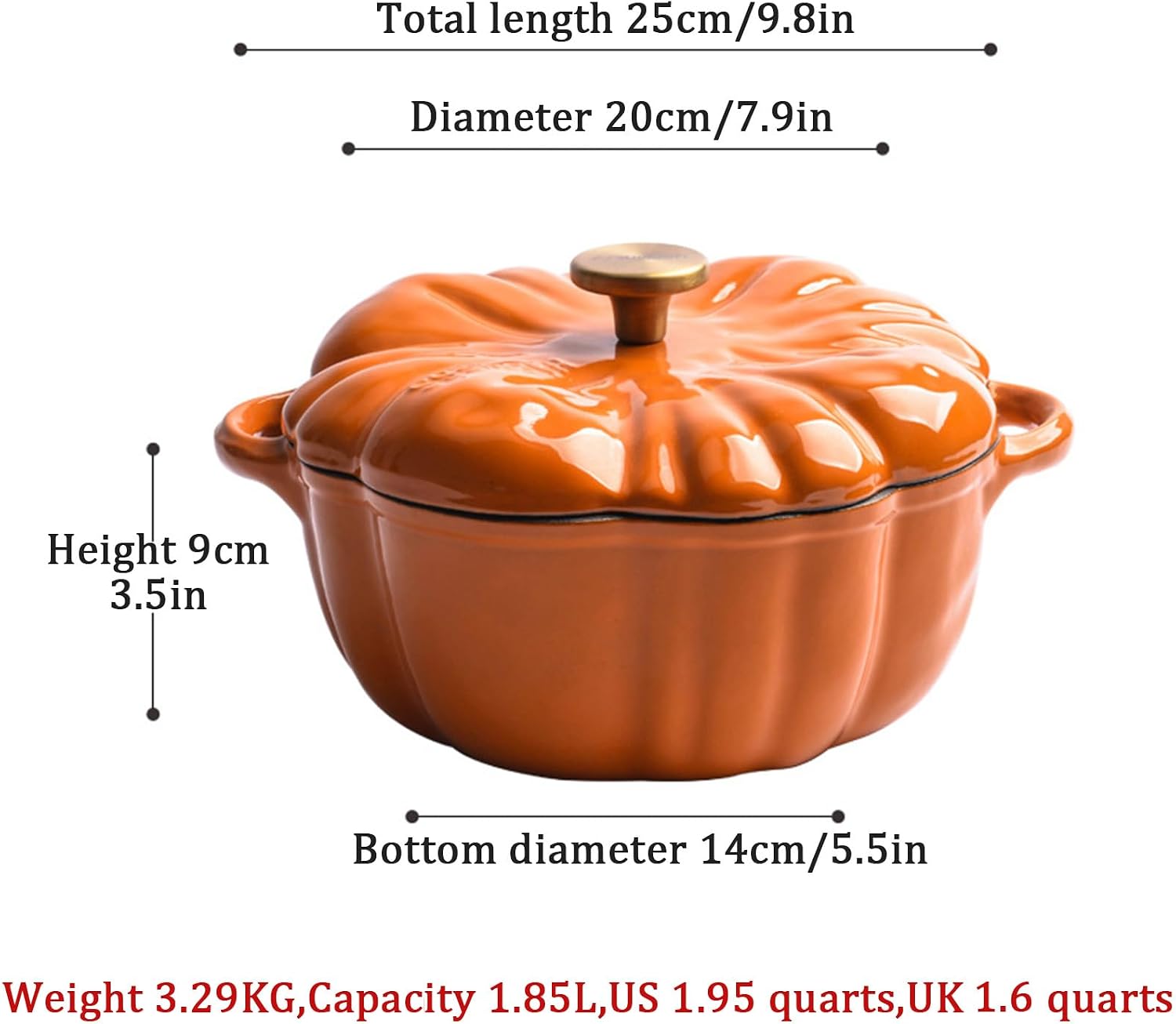 20cm/7.9in,Mswborml Pumpkin Enameled Cast Iron Dutch Oven Pot with Lid, Non-Stick Cast Iron Pot for Cooking, Bread Baking Shallow Casserole Braiser with Dual Handle, Enamel Coating, Orange