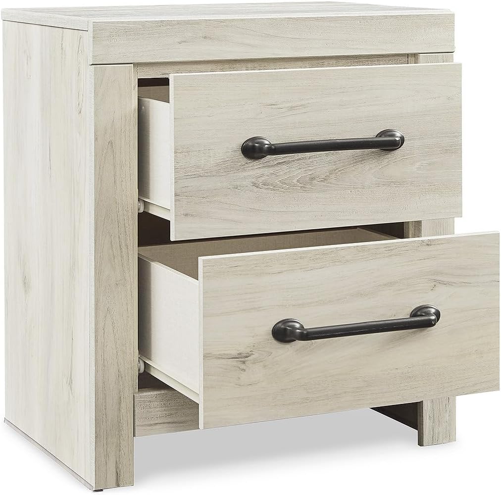 Signature Design by Ashley Cambeck Farmhouse Industrial 2 Drawer Two Drawer Nightstand with 2 Slim-Profile USB Charging Stations, 24.37' Tall, Whitewash