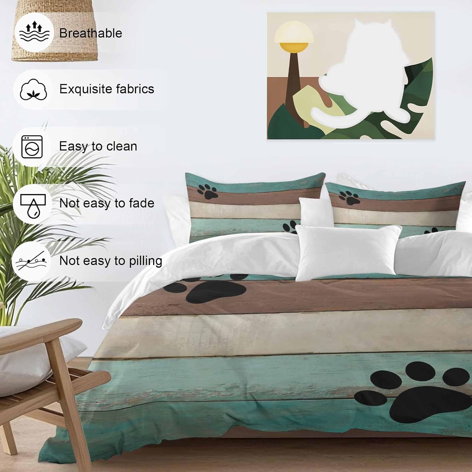 Farmhouse Duvet Cover Set Queen Size 4 Pieces Cute Animal Claws Vintage Green Brown Wood Grain Bedding Set with Zipper Closure, 1 Comforter Cover 92x106 Inches 1 Flat Sheet & 2 Pillow Cases