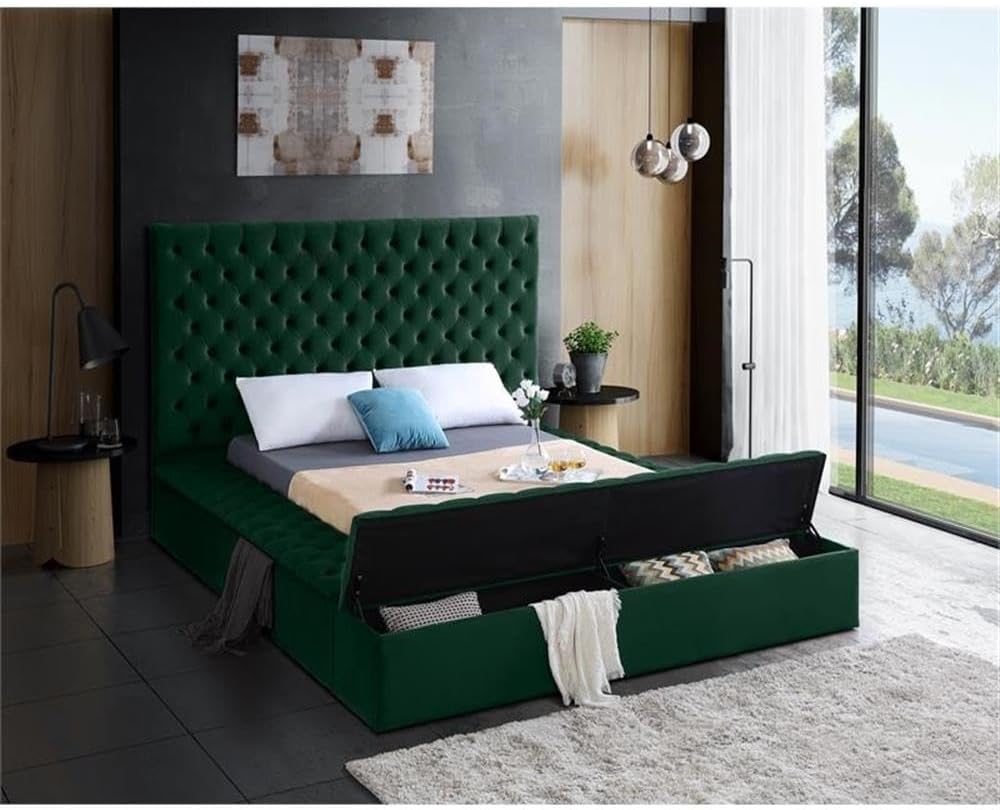 Meridian Furniture Bliss Collection Modern | Contemporary Velvet Upholstered Bed with Deep Button Tufting and Storage Compartments in Rails and Footboard, Green, Queen