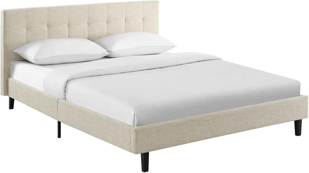 Modway MOD-5424-BEI Linnea Upholstered Beige Full Platform Bed with Wood Slat Support