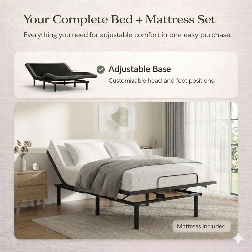 AbyssZen Made in USA 10' Bamboo Memory Foam Mattress with Queen Adjustable Bed Base Set – CertiPUR-US Certified Mattress, Quiet Dual Motors, Zero Gravity, Anti-Snore, Easy Assembly