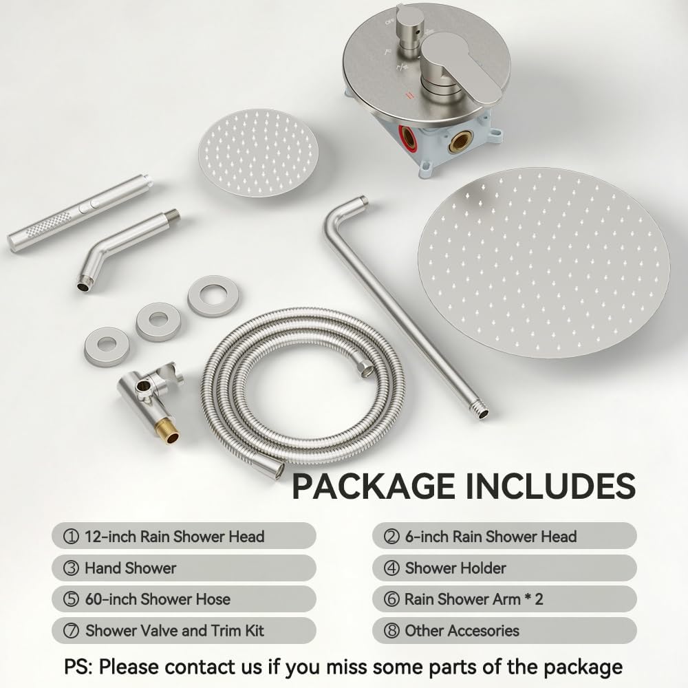 Shower Systems STARBATH 12+6' Round Dual Rainfall Shower Head with Handheld Spray for Two People, Wall Mounted 3 Way Rain Shower Faucet Sets Complete, Included Valve and Trim Kit, Brushed Nickel