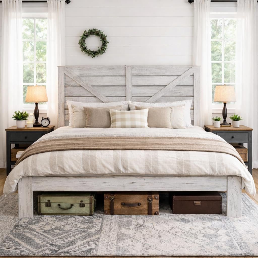 Queen Size Bed Frame with Headboard – Farmhouse Style Platform with LED Lights USB Charging No Box Spring Easy Assembly White Boho Bed Frame Modern Bedroom Sets (Boho White, Queen)