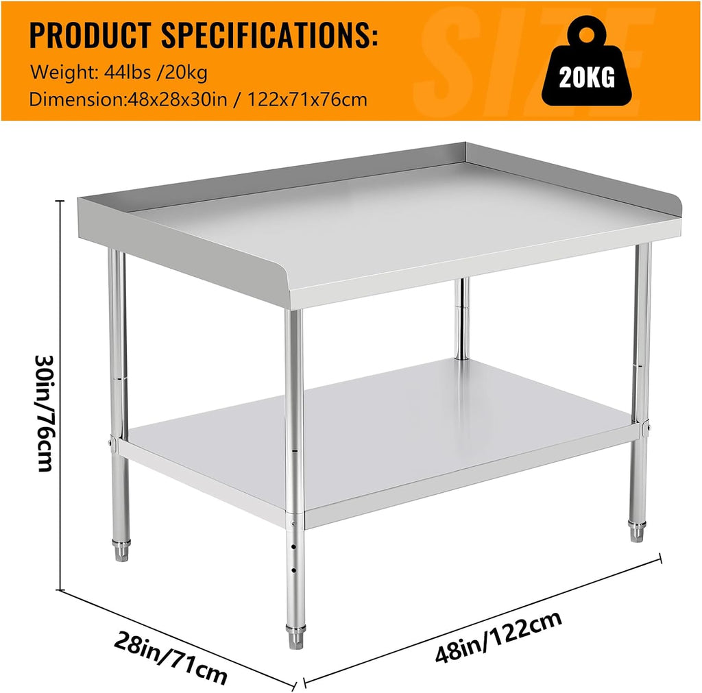 48'x28'x30' Stainless Steel Grill Stand Table, NSF Certified, 400 lbs Capacity, Adjustable Legs, 3-Sided 2' Edge Baffle for Kitchen, Restaurant, Hotel