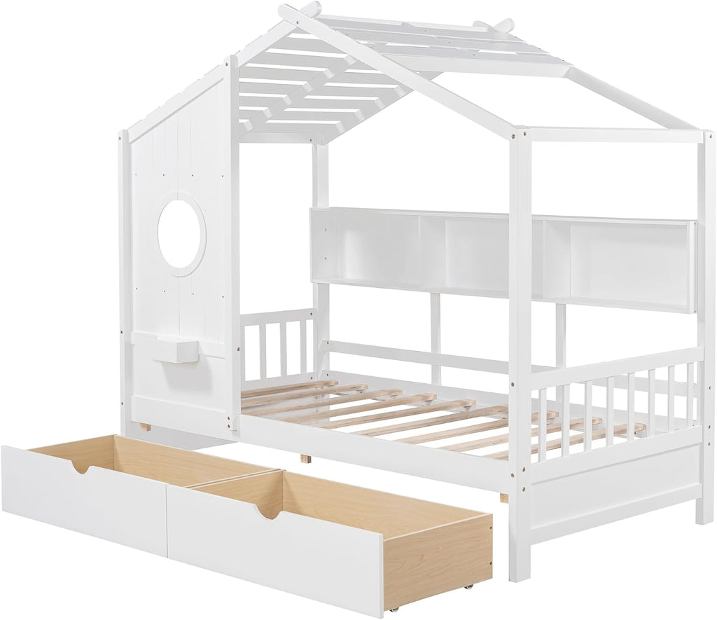 MERITLINE Twin Size Kids House Bed with 2 Drawers and Storage Shelf, Wooden Kids Montessori Bed Frame (White)