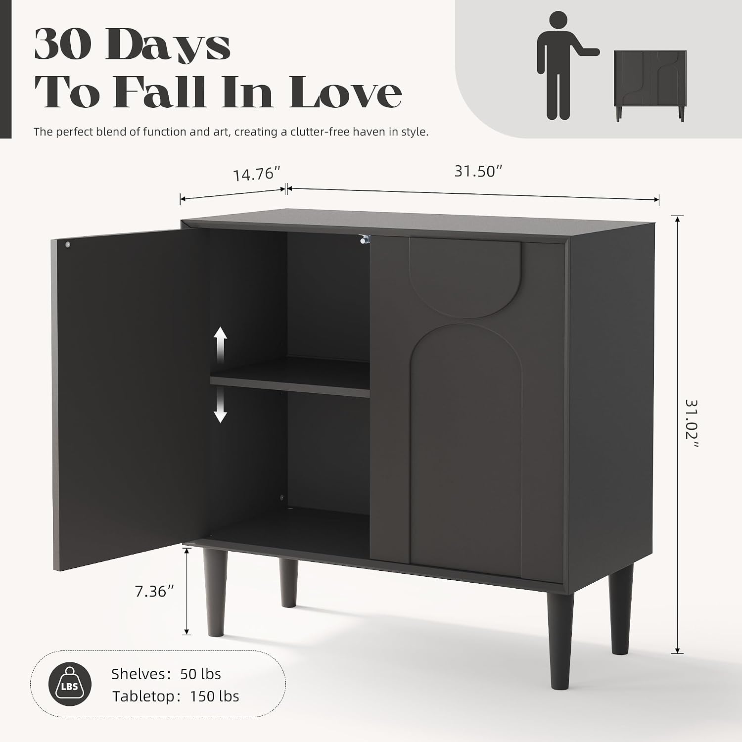 Easyego 31.5″ Mid Century Modern Sideboard Buffet Cabinet, Black Wood Accent Storage with 2 Doors & Adjustable Shelves for Living Room, Entryway, Dining Room
