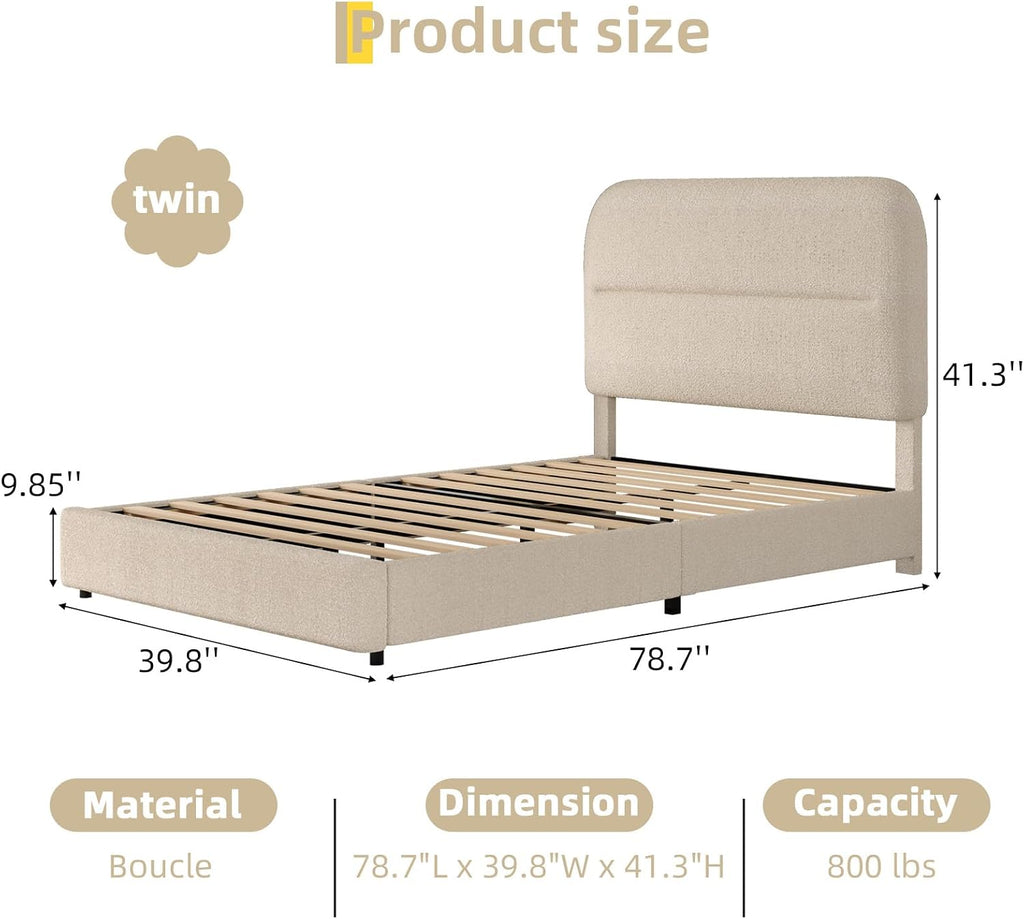 HOMBCK Twin Size Boucle Bed Frame, Upholstered Bed Frame with Headboard, Twin Bed Frames for Kids, Thickened Footboard/Rounded Corners/Adjustable Headboard/No Box Spring Needed/Easy Assembly, Beige