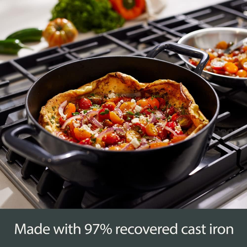 All-Clad Cast Iron Enameled Deep Skillet with Acacia Trivet 10 Inch Induction Oven Broiler Safe 650F Pots and Pans, Cookware Black