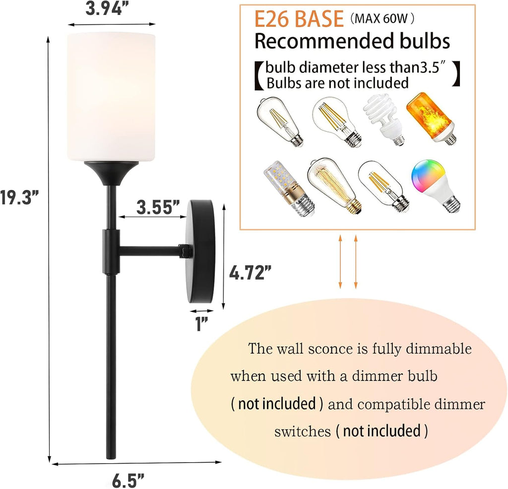 BYOLIIMA Mid Century Modern Wall Lamp 2 Pack with White Cylinder Glass Shades Matte Black Wall Sconce Bathroom Vanity Lighting Industrial Farmhouse Wall Light Fixtures for Mirror Bedroom Living Room