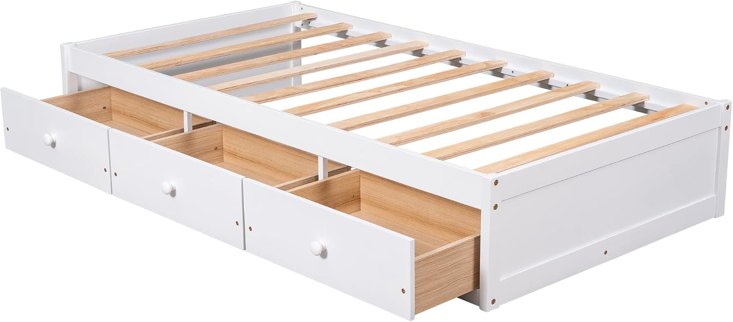 SOFTSEA Twin Size Daybed with 6 Storage Drawers, Wood Twin Platform Bed Frame with Storage and Wood Slat Support, No Box Spring Needed, (White)