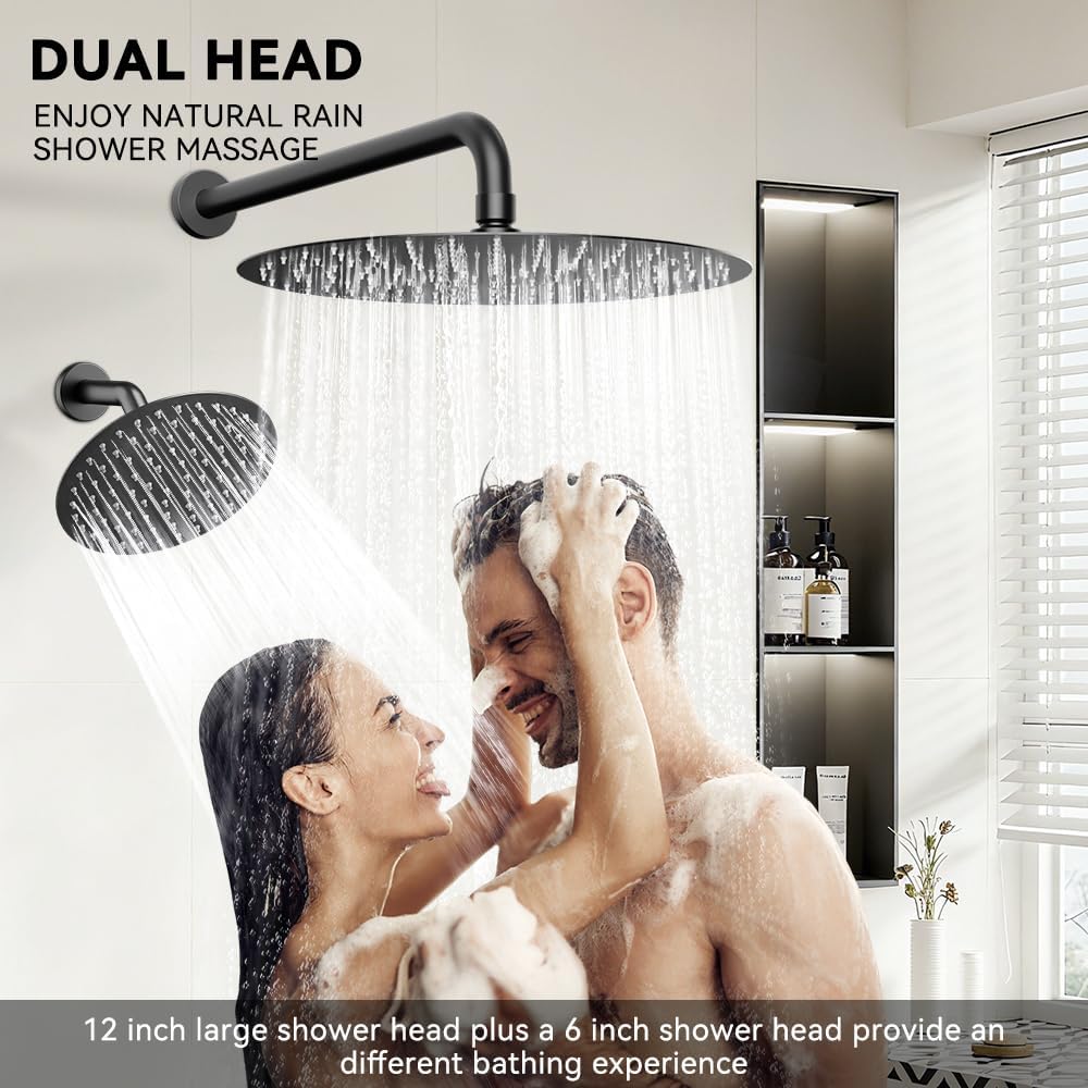 Shower Systems STARBATH 12+6' Round Dual Rainfall Shower Head with Handheld Spray for Two People, Wall Mounted 3 Way Rain Shower Faucet Sets Complete, Included Valve and Trim Kit, Matte Black
