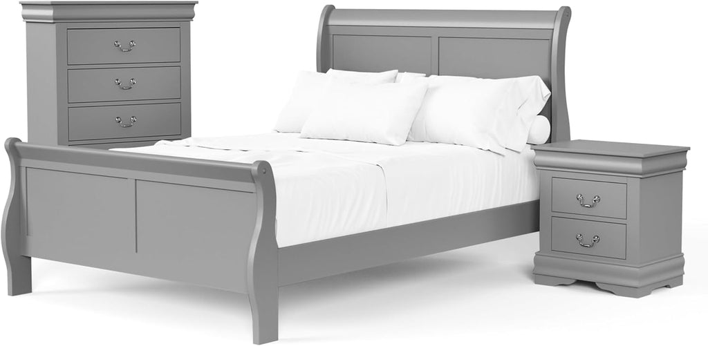 Furniture of America Louis Philippe Traditional Solid Wood 3 Piece Bedroom Set, Bed Frame, Nightstand, and Chest, Sleigh Design Bedframe with Headboard and Footboard, Box Spring Needed, Full, Gray
