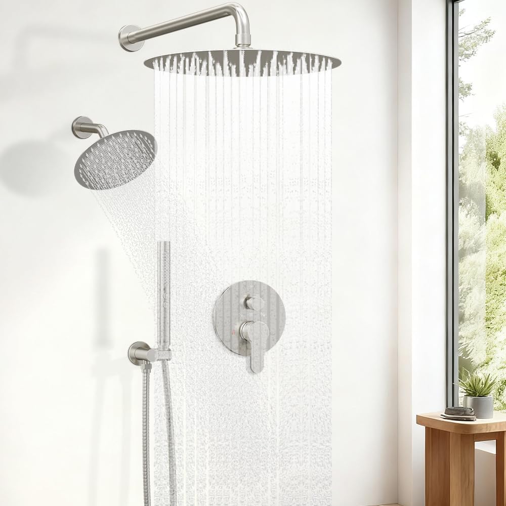 Shower Systems STARBATH 12+6' Round Dual Rainfall Shower Head with Handheld Spray for Two People, Wall Mounted 3 Way Rain Shower Faucet Sets Complete, Included Valve and Trim Kit, Brushed Nickel