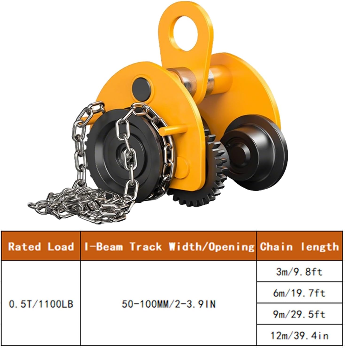 1/2-Ton Chain-driven Manual Dolly, 1100-pound Capacity Steel Push Beam Dolly, Adjustable Flange Width 2-3.9 Inches, for Garages, Warehouses, Construction Sites(3m/9.8ft)