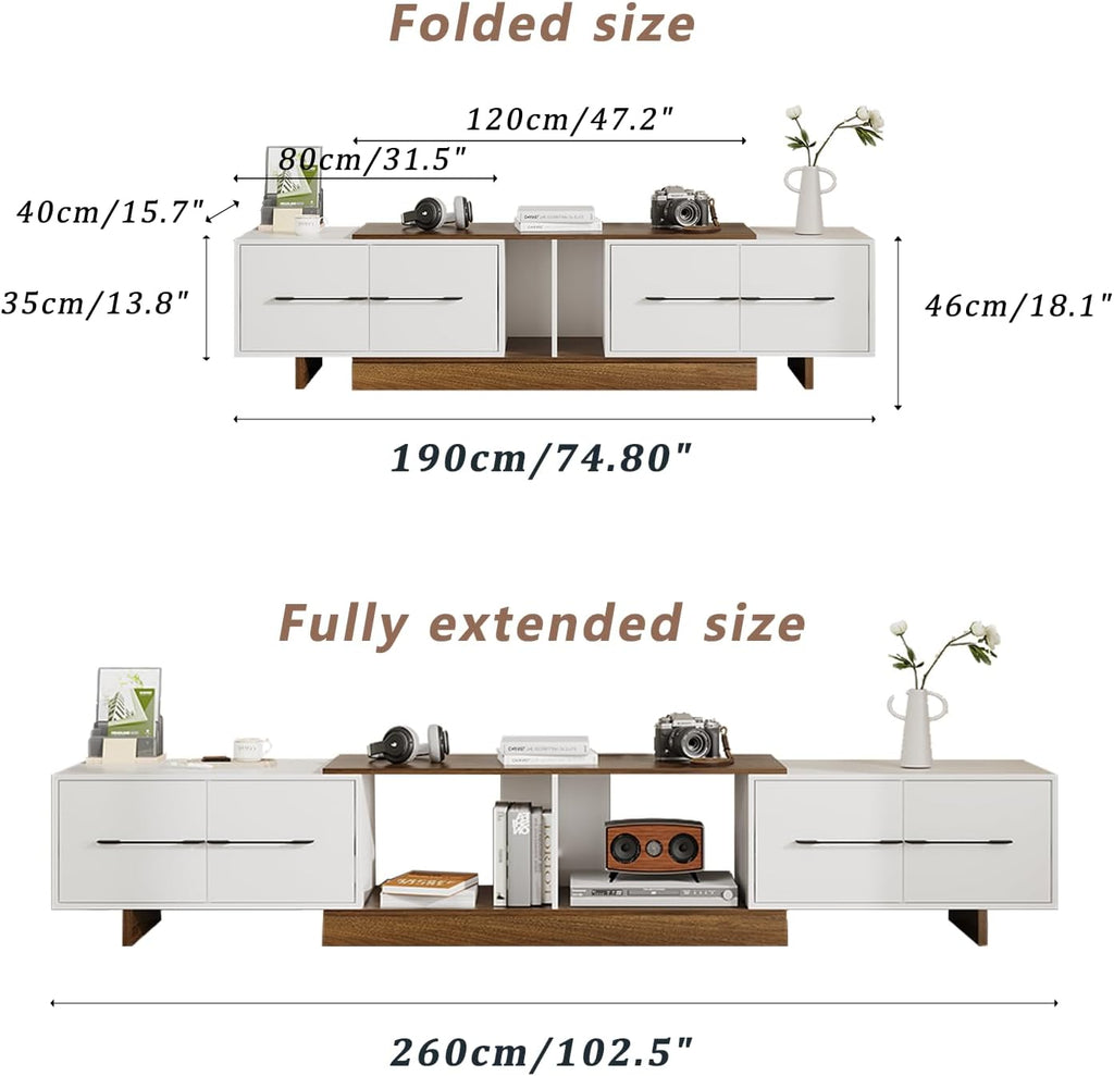 Extendable TV Stand for 55'–120' TVs, Modern Entertainment Center with 4 Drawers, Adjustable Open Shelves & Retractable Design, TV Console for Living Room, Walnut/White