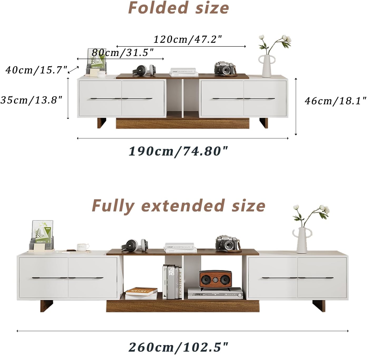 Extendable TV Stand for 55'–120' TVs, Modern Entertainment Center with 4 Drawers, Adjustable Open Shelves & Retractable Design, TV Console for Living Room, Walnut/White