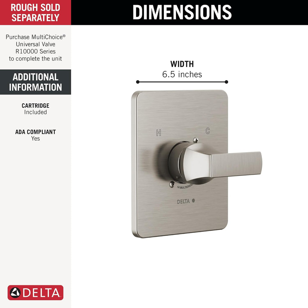 Delta Velum 14 Series Single-Function Valve Trim Kit, Brushed Nickel Handle Set for Shower Faucet System, Stainless T14037-SS (Valve Not Included)