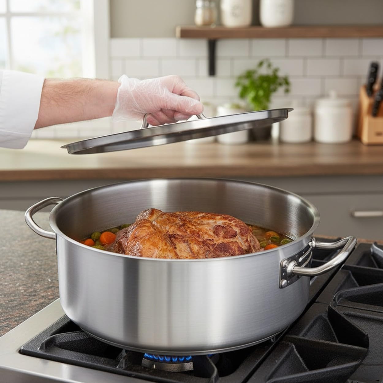 TrueCraftware- 25 Quart Stainless Steel Braiser Pot with Encapsulated Base and Cover - Heavy-Duty Brazier Pot Cookware Braiser for Soup Meat Bread Baking Dishwasher Safe and Oven Safe NSF Certified