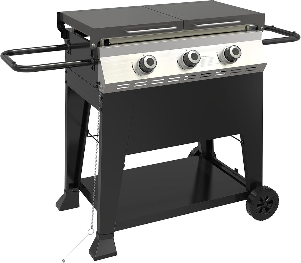 3 Burner Propane Grill with Rainproof Cover 28inch Outdoor Flat Top Griddle Foldable Side Table for Backyards Barbecue