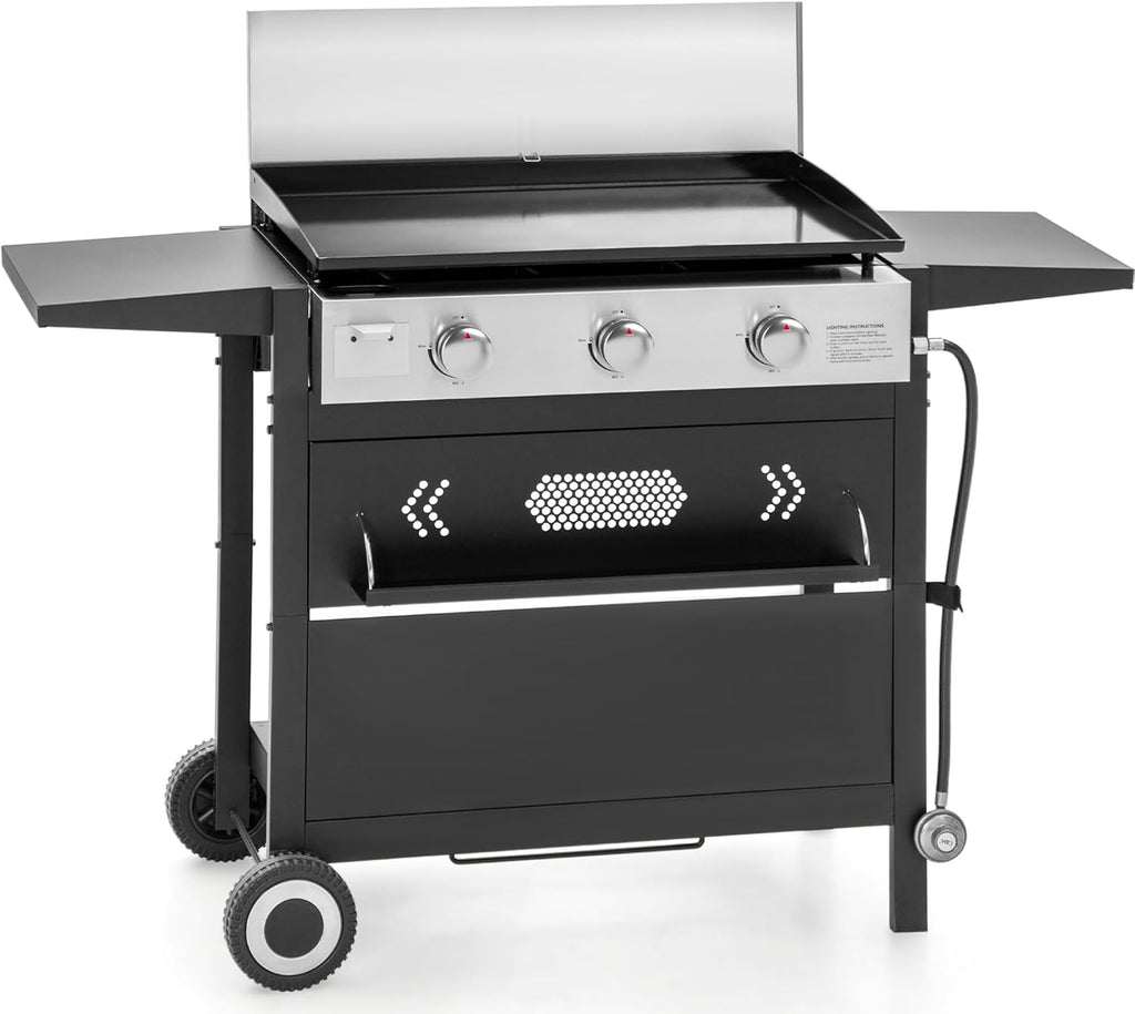 MFSTUDIO Flat Top Grill with Ceramic Coated Cast Iron Griddle, 3-Burner Propane Gas BBQ Griddle Grill, Outdoor Barbecue Grill,33,000 BTU,Black