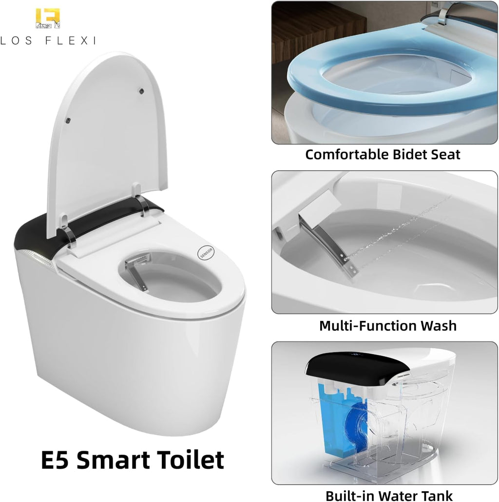 E5 Smart Toilet with Built-In Water Tank, Auto Open/Close Lid, Bidet Toilet with Multiple Wash Modes, Instant Warm Water, Heated Seat, Warm Air Dryer, UV Nozzle Light, Deodorizer, Remote