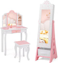 Costzon Kids Vanity & Jewelry Armoire Cabinet, Kids Vanity Table and Chair Set, Standing Jewelry Organizer with Full-Length Mirror, Kids Bedroom Furniture Set for Girls, Snowflake Print (White)