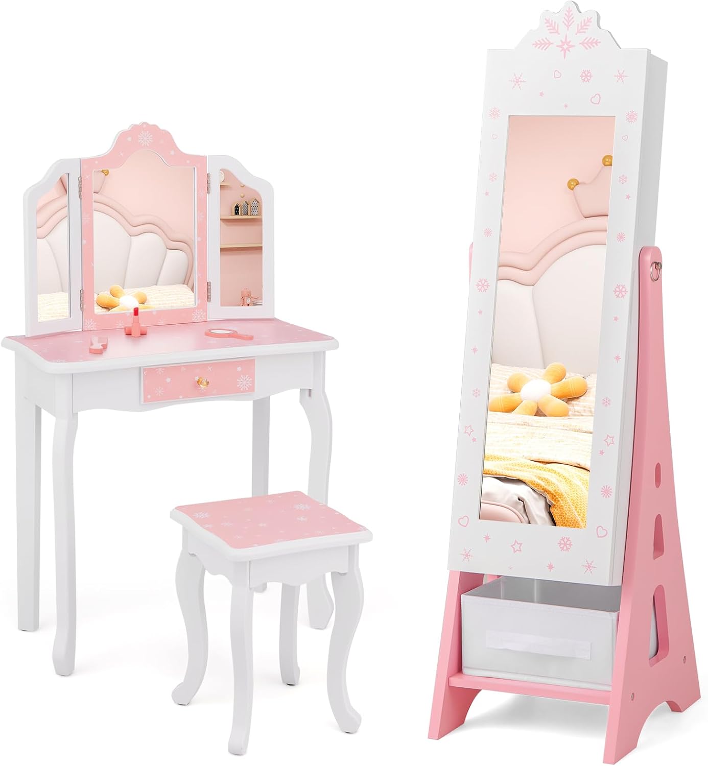 Costzon Kids Vanity & Jewelry Armoire Cabinet, Kids Vanity Table and Chair Set, Standing Jewelry Organizer with Full-Length Mirror, Kids Bedroom Furniture Set for Girls, Snowflake Print (White)