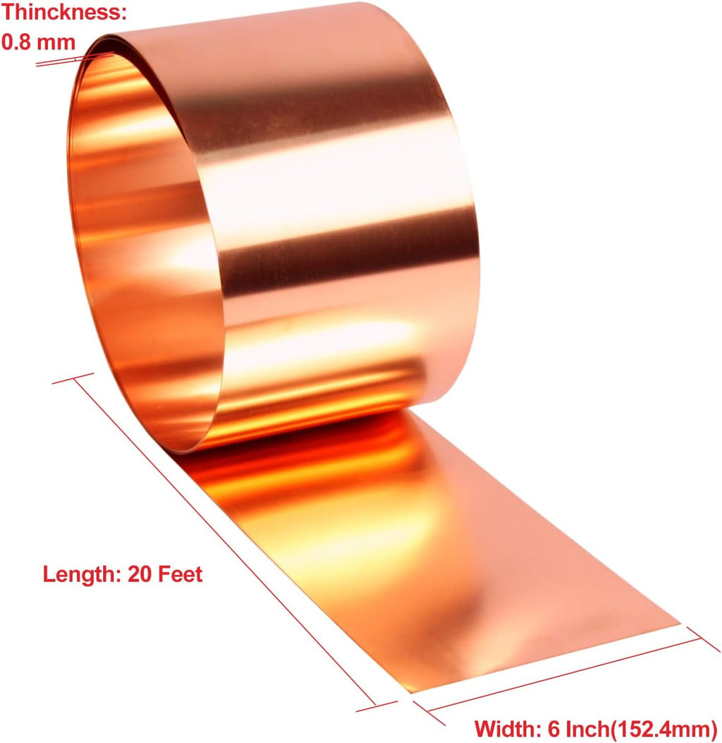 Copper Flashing 99.95% Pure - 20 Gauge 0.8mm Thick Copper Strip - Solid Copper Roll in Various Widths & Length – ASTM B152M Copper Sheet - Contractors & DIY Projects (20 Ga, 6' Width x 20 FT)