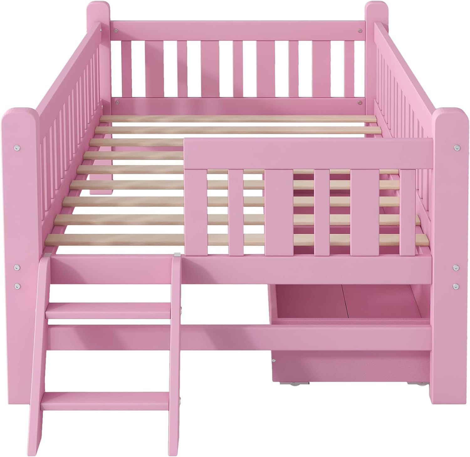 VilroCaz Twin Size Platform Bed with Guardrail and 2 Drawers, Wood Kids Platform Bed Frame with Two-Step Ladder for Boys Girls, Sturdy Slats Support (Pink-1.26)