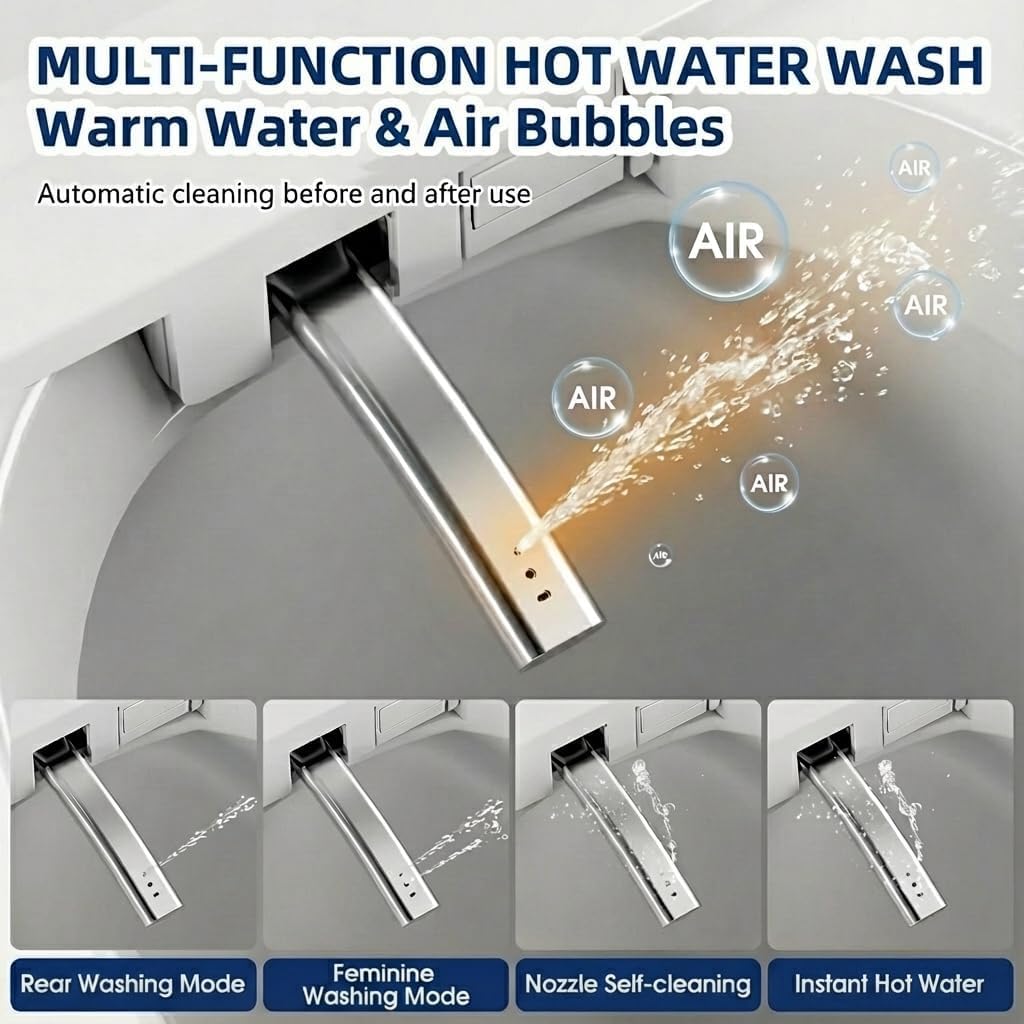 Smart Toilet with Bidet Built in, Heated Seat & Dual Auto Flush, Foot Sensor, Modern Extended Electric Toilet with Water Tank, Warm Water Wash, Air Drying, LED Night Light, Remote, Manual flip cover