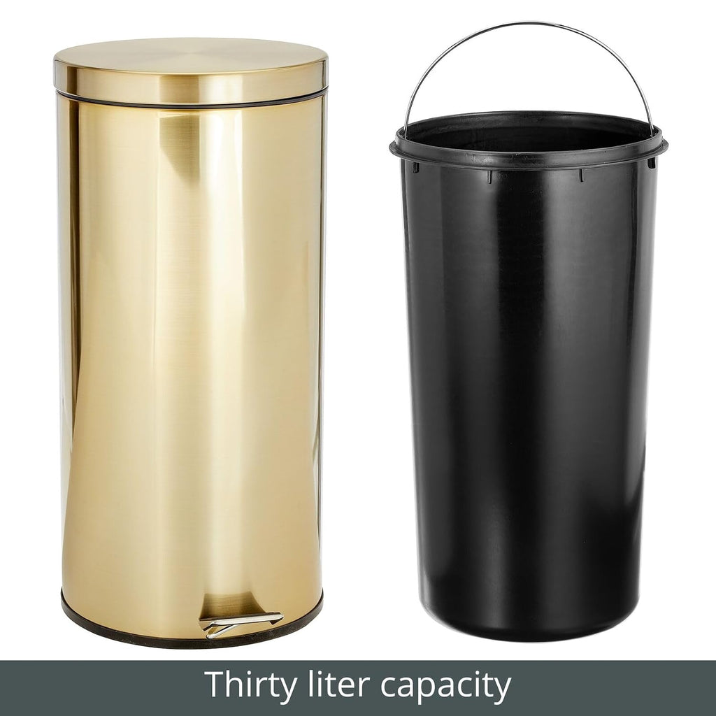 mDesign Tall 30 Liter, Large Round Metal Lidded Step Trash Can, Thin Compact Garbage Bin with Removable Liner Bucket for Bathroom, Kitchen, Craft Room, Office, Garage - Soft Brass