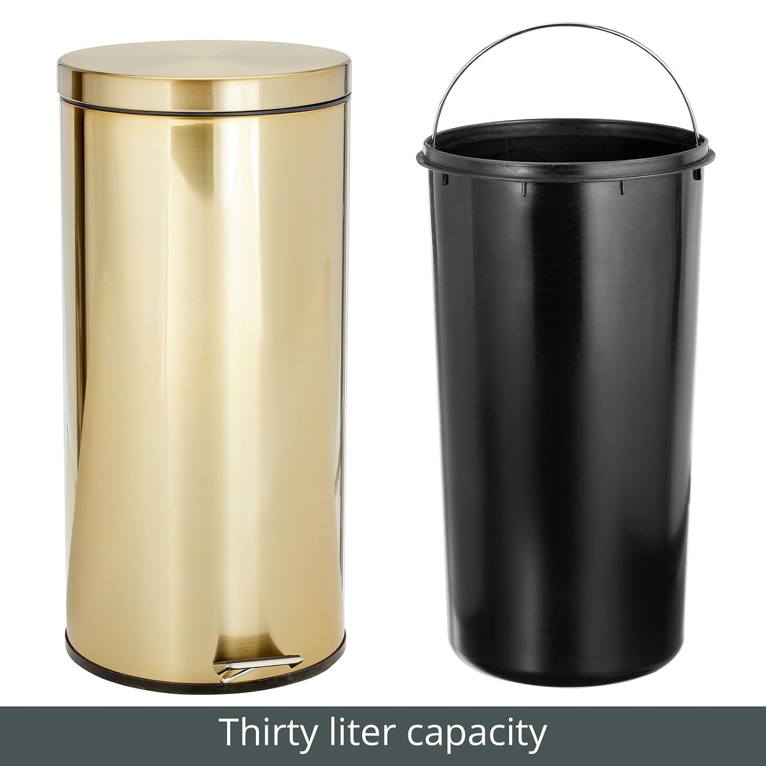 mDesign Tall 30 Liter, Large Round Metal Lidded Step Trash Can, Thin Compact Garbage Bin with Removable Liner Bucket for Bathroom, Kitchen, Craft Room, Office, Garage - Soft Brass