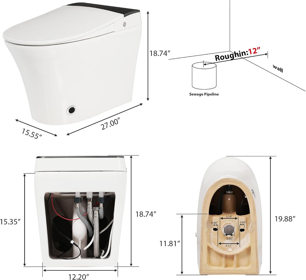 Heated Seat Smart Toilet without Bidet, One Piece Tankless Toilet with Auto and Foot Sensor Flush, Night Light, Power Outage Flushing, Soft Close Cover