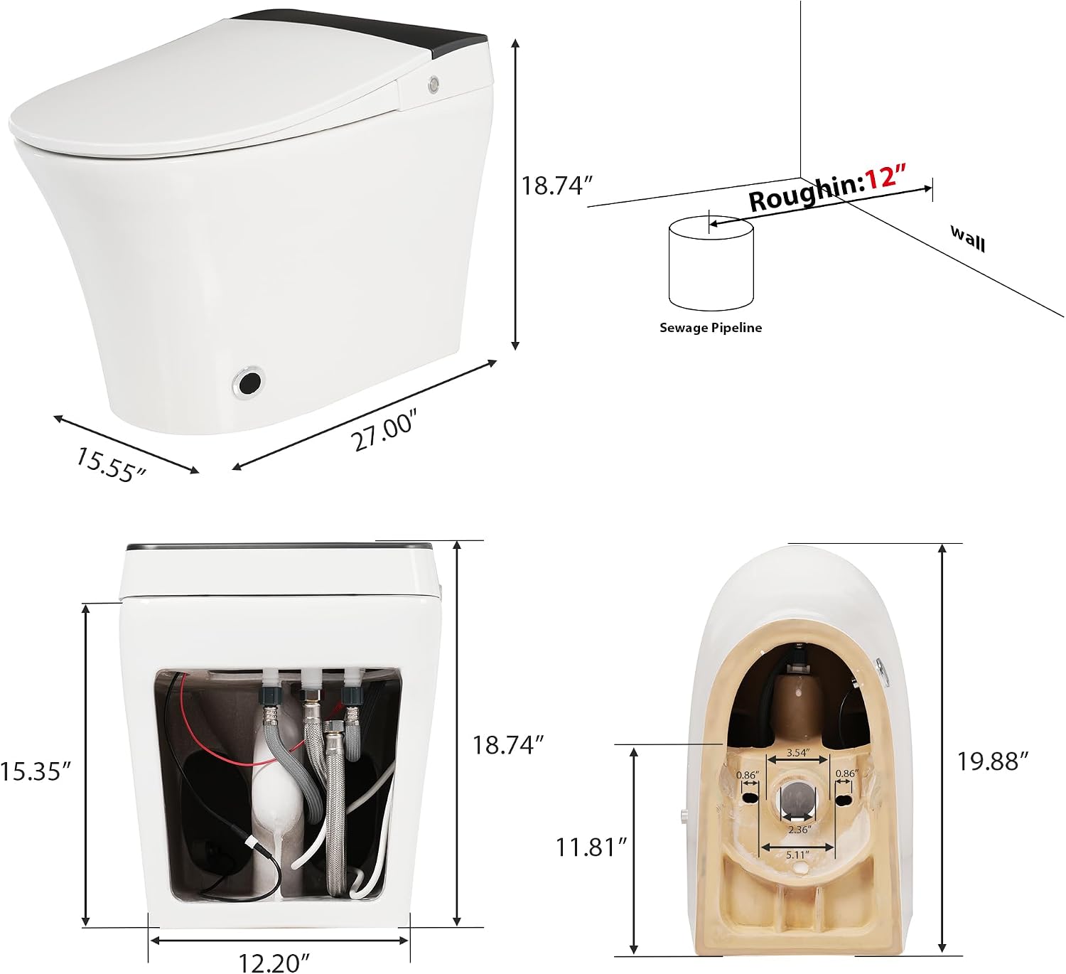 Heated Seat Smart Toilet without Bidet, One Piece Tankless Toilet with Auto and Foot Sensor Flush, Night Light, Power Outage Flushing, Soft Close Cover