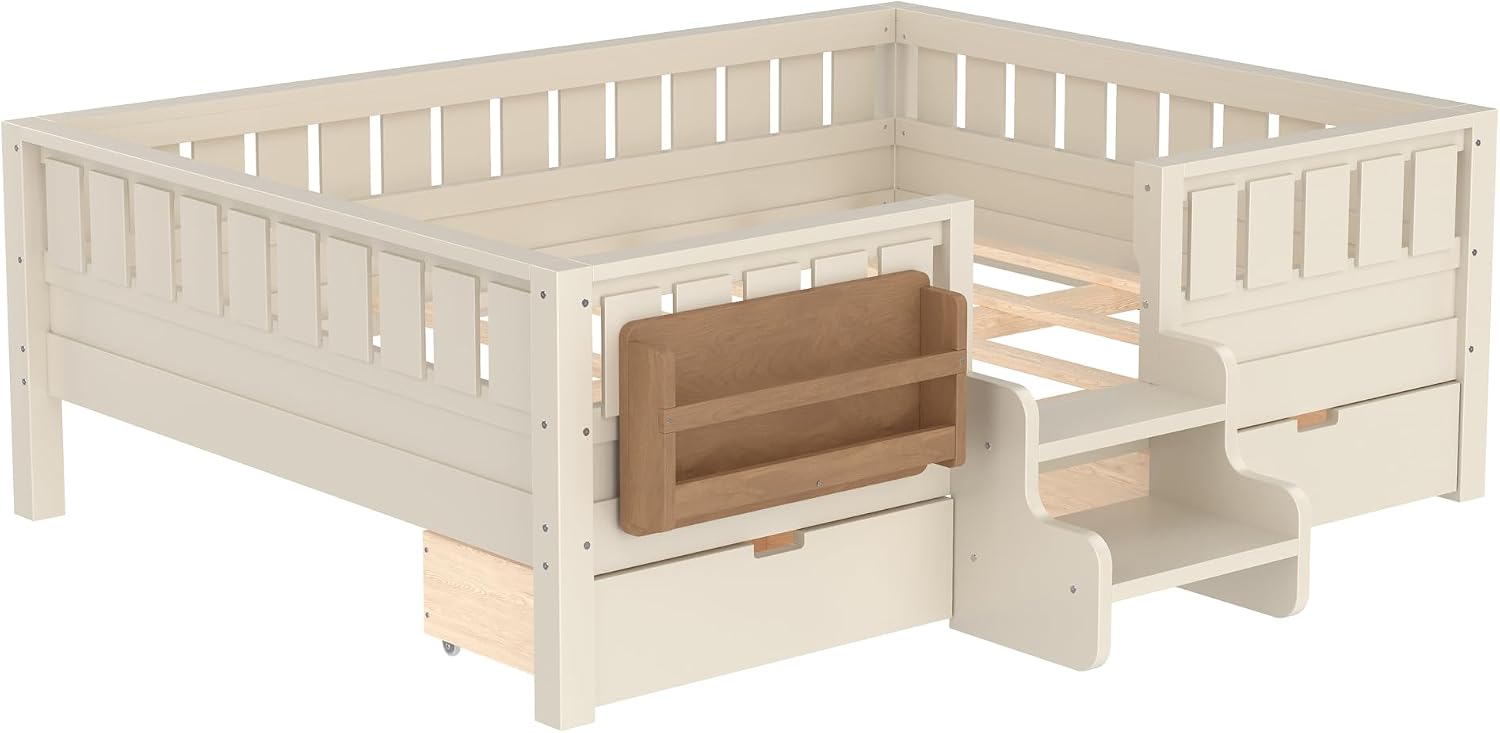 Bellemave Full Size Bed with Slats and Stairs, Full Size Platform Bed Frame with Fence, Bookshelf and Storage Drawers, Easy Assemble Beds for Kids, Girls, Boys, Beige