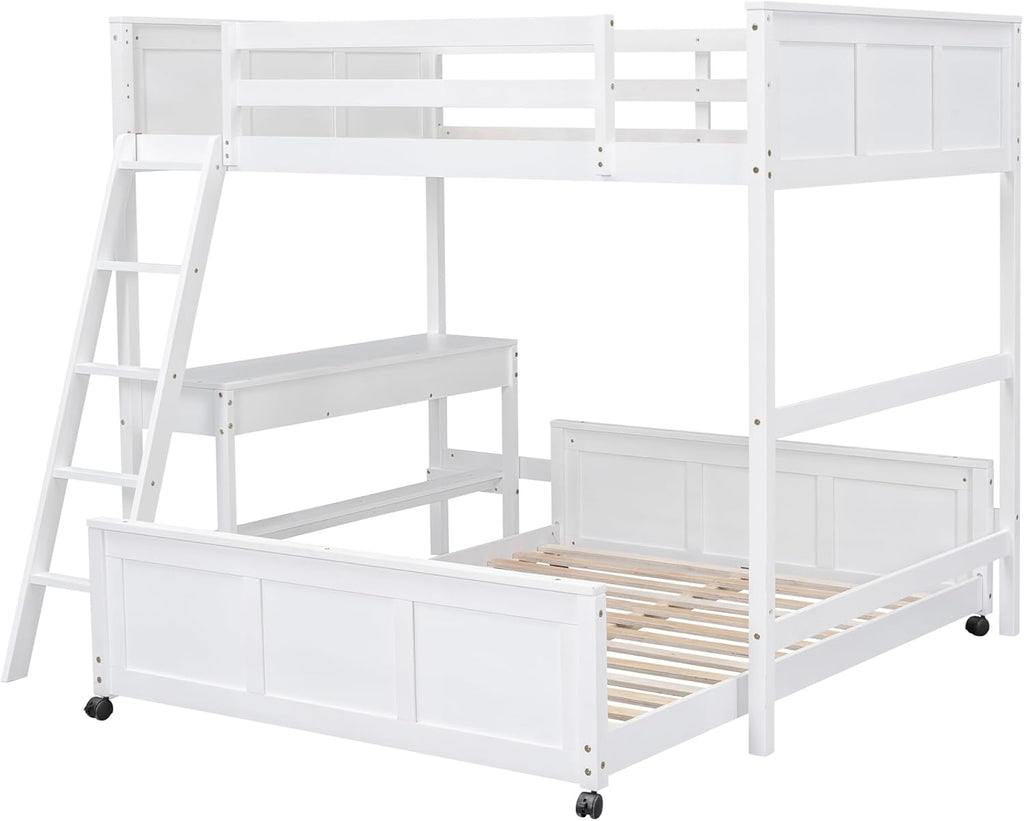 Ball & Cast Full Over Full Bunk Bed with Safty Guardrail & Stairway,Heavy Duty Wood Loft Bedframe W/Desk & Drawers,Easy Assembly,Versatile Functional Bedroom Furniture Set for Boy Girl Teens,White