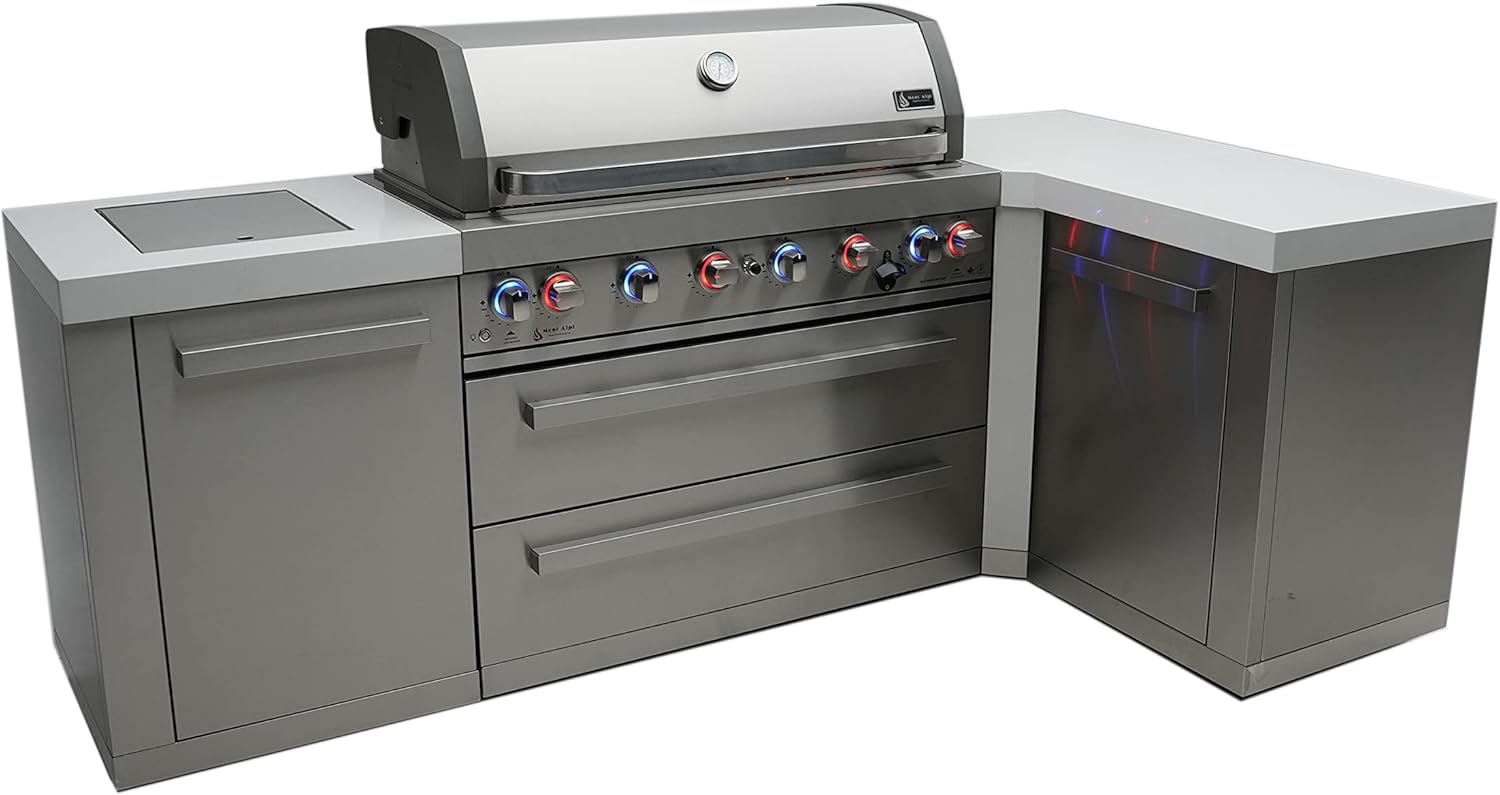Mont Alpi 94'W x 50'D x 46'H Premium Stainless Steel L-shaped Modular Outdoor Kitchen Island with Infrared Side Burner + 44'W 6-Burner BBQ Gas Grill + Granite Countertops + Storage Cabinets + Drawers