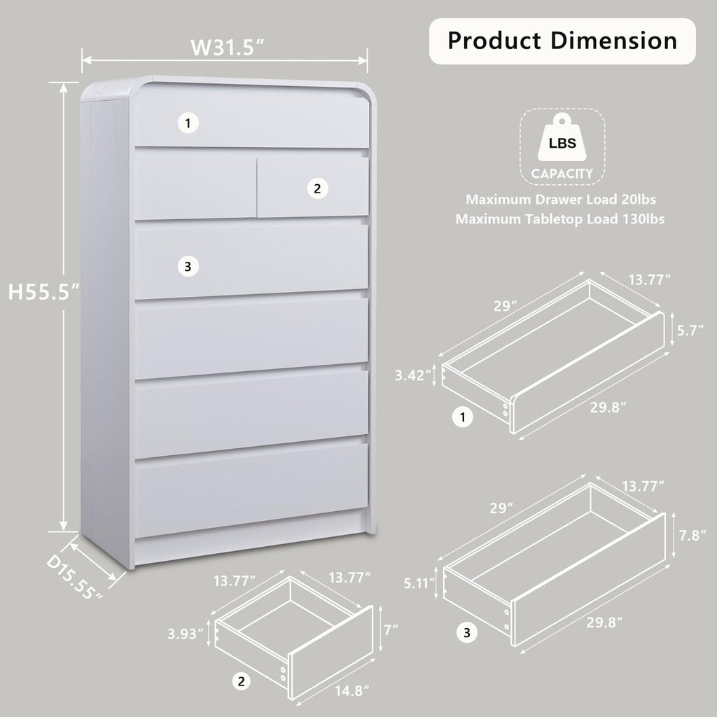Aitjunz Modern 7 Drawers Dresser for Bedroom, 55' Tall Dressers & Chest of Drawers w/Curved Profile Design, Wood Mid Century Vertical Storage Dressers Organizer for Bedroom, Living Room, White