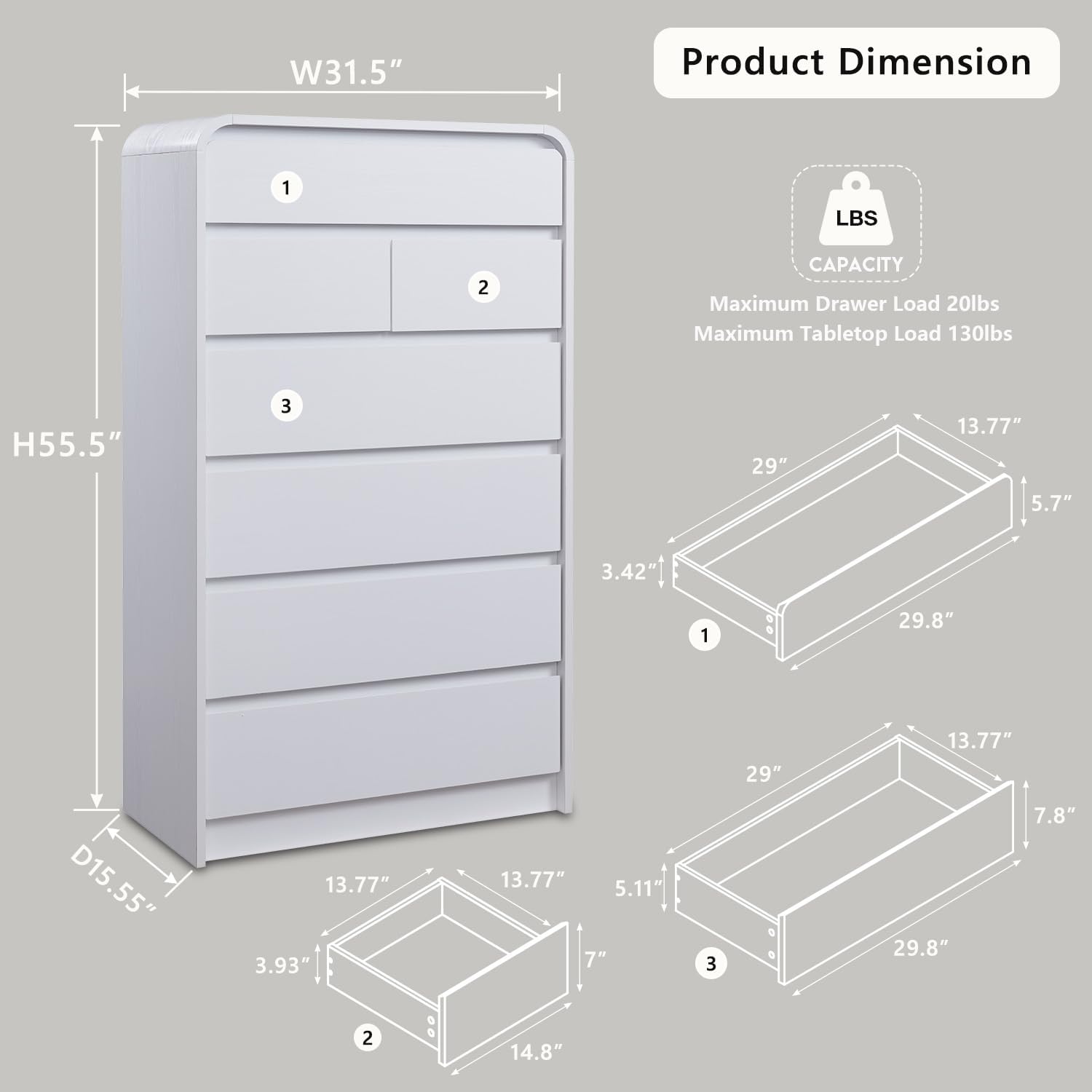 Aitjunz Modern 7 Drawers Dresser for Bedroom, 55' Tall Dressers & Chest of Drawers w/Curved Profile Design, Wood Mid Century Vertical Storage Dressers Organizer for Bedroom, Living Room, White