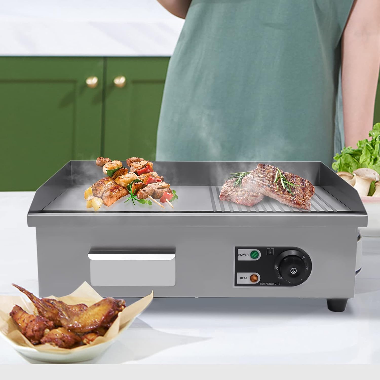 Commercial Electric Griddle 110V, 22' Stainless Steel Flat Top Grill with Dual Zone (Grooved/Flat), Adjustable Temp 122°F-572°F for Restaurant, Diner & Home Kitchen