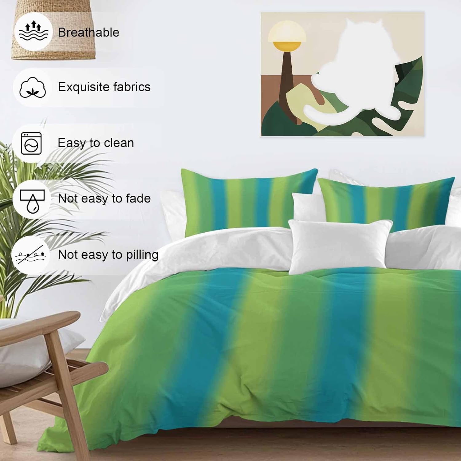 Green Blue Gradient Duvet Cover Set Queen Size 4 Pieces Color Striped Ombre Modern Minimalist Art Bedding Set with Zipper Closure, 1 Comforter Cover 90x92 Inches 1 Flat Sheet & 2 Pillow Cases