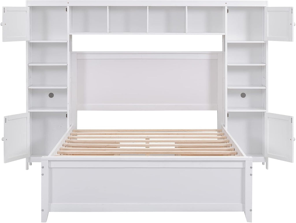 SOFTSEA Full Size Platform Bed with Bookcase Headboard, Full Storage Bed with 4 Drawers, Solid Wood Bed Frame with Storage Cabinets and Shelves for Kids Adults, No Box Spring Needed, White